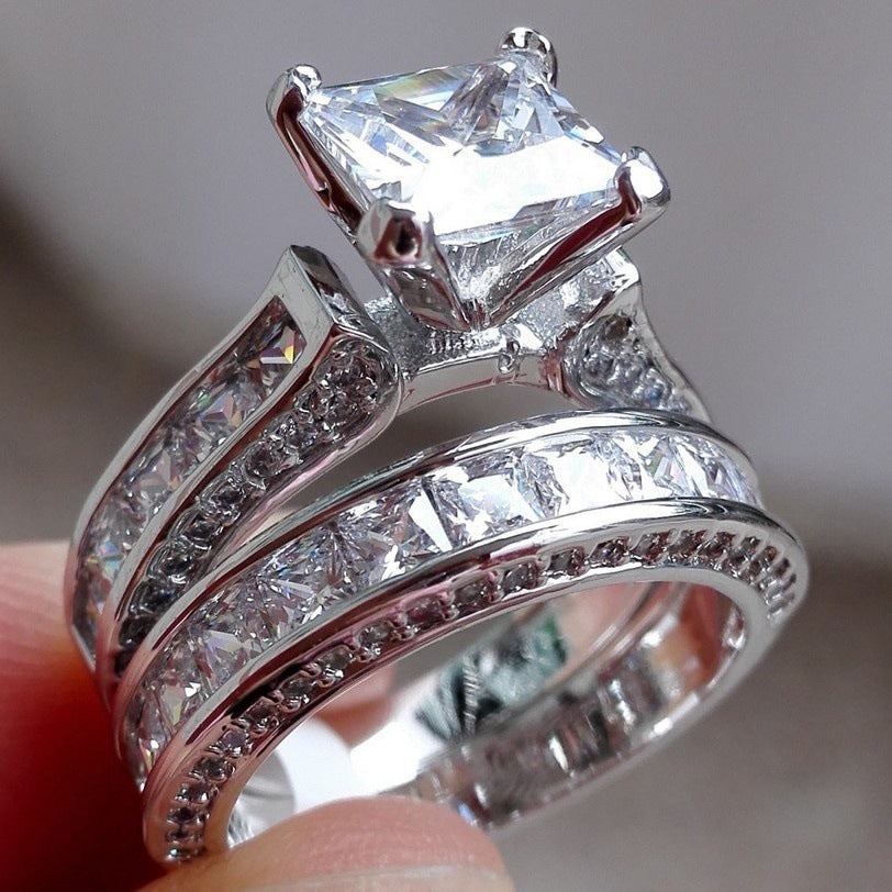 Couple Wedding Ring Set - Silver Princess Cut CZ Rings