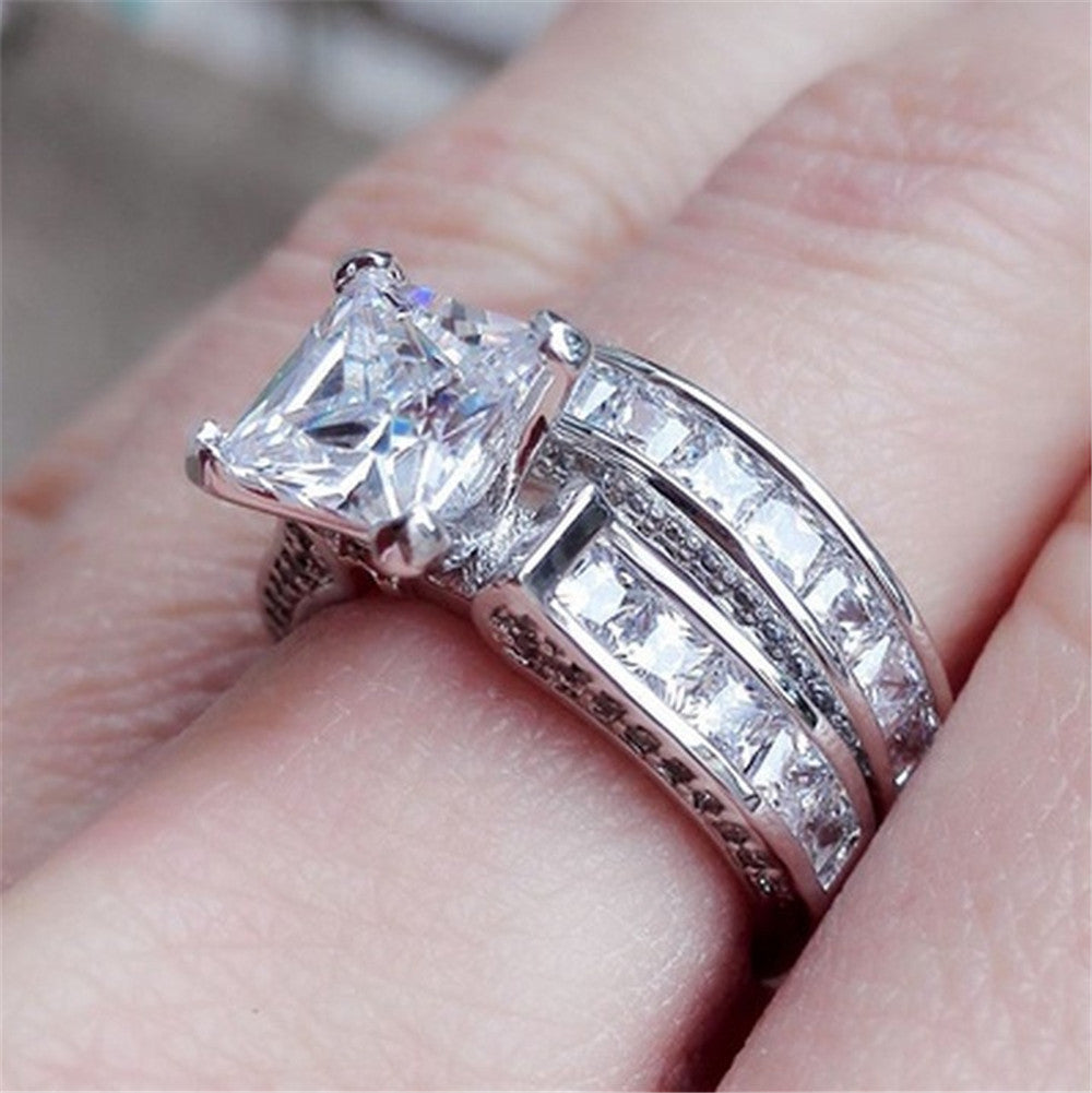 Couple Wedding Ring Set - Silver Princess Cut CZ Rings