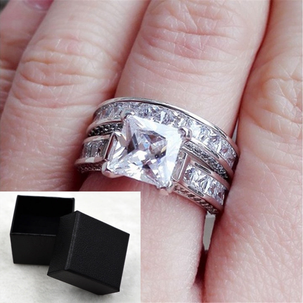 Couple Wedding Ring Set - Silver Princess Cut CZ Rings