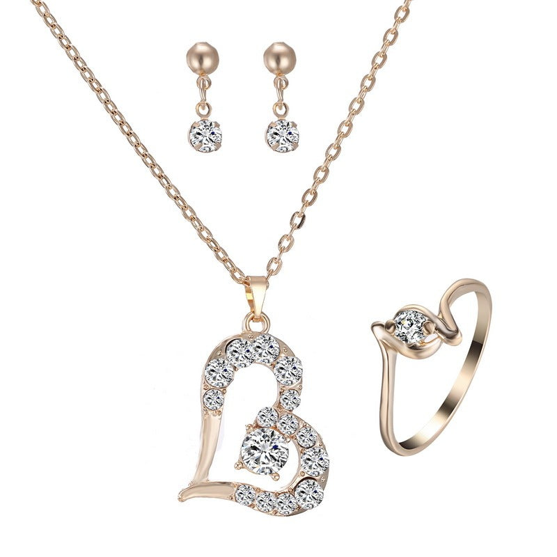 Rhinestone Heart Pendant Jewelry Set - Necklace & Earrings