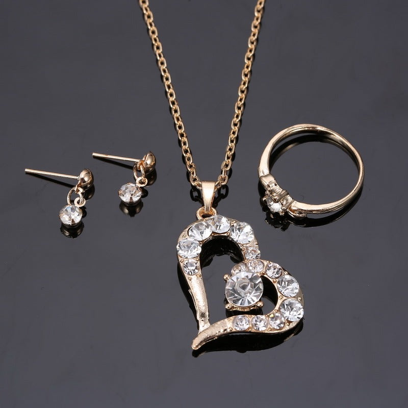 Rhinestone Heart Pendant Jewelry Set - Necklace & Earrings