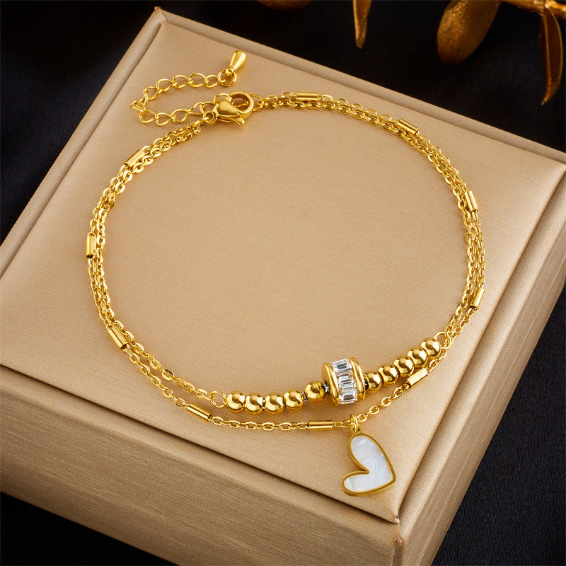 Boho Heart Anklet - Double Layer Gold Titanium Steel