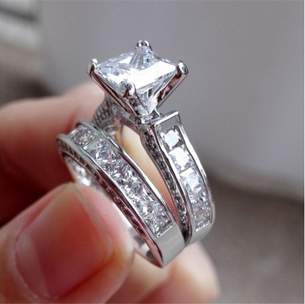 Couple Wedding Ring Set - Silver Princess Cut CZ Rings