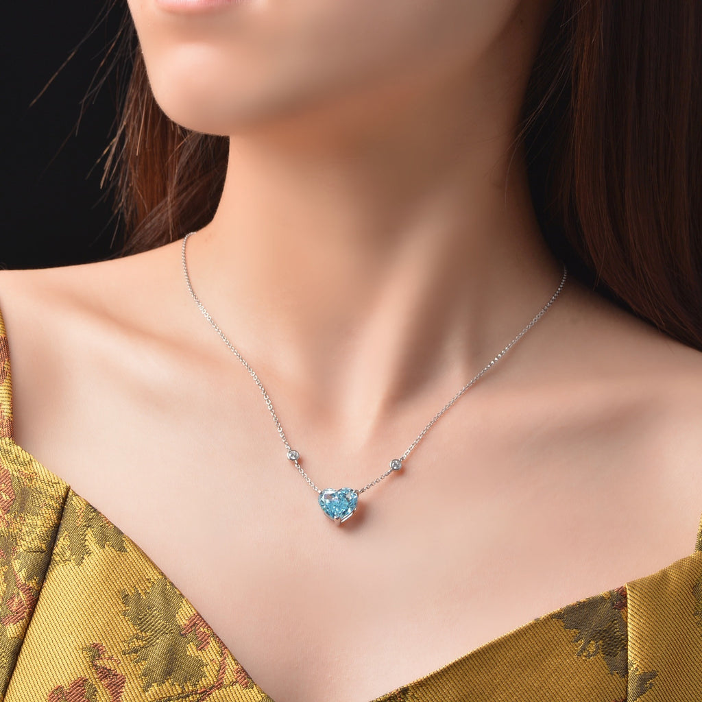 Ocean Blue Heart Zircon Necklace - 925 Sterling Silver