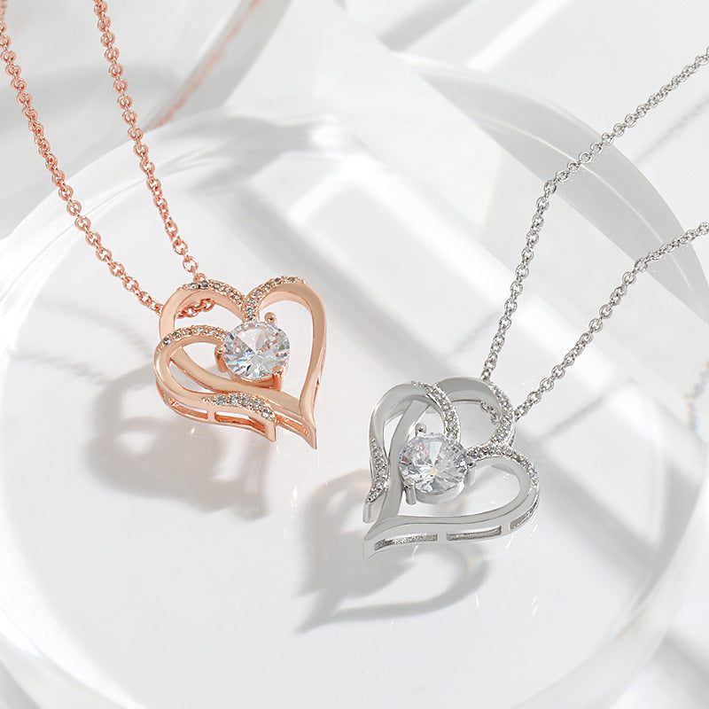 Double Heart Zircon Necklace - Valentine's Day Gift