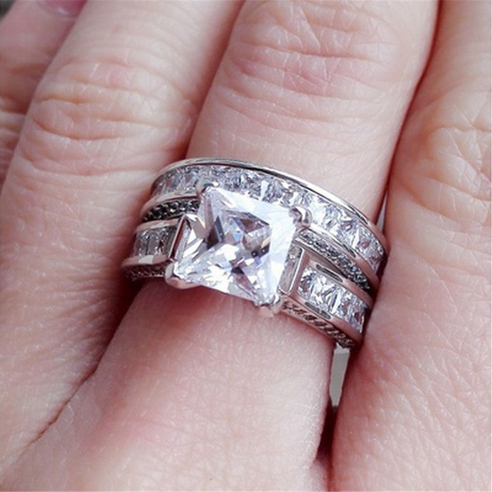Couple Wedding Ring Set - Silver Princess Cut CZ Rings
