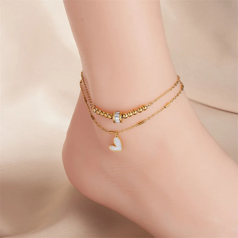 Boho Heart Anklet - Double Layer Gold Titanium Steel