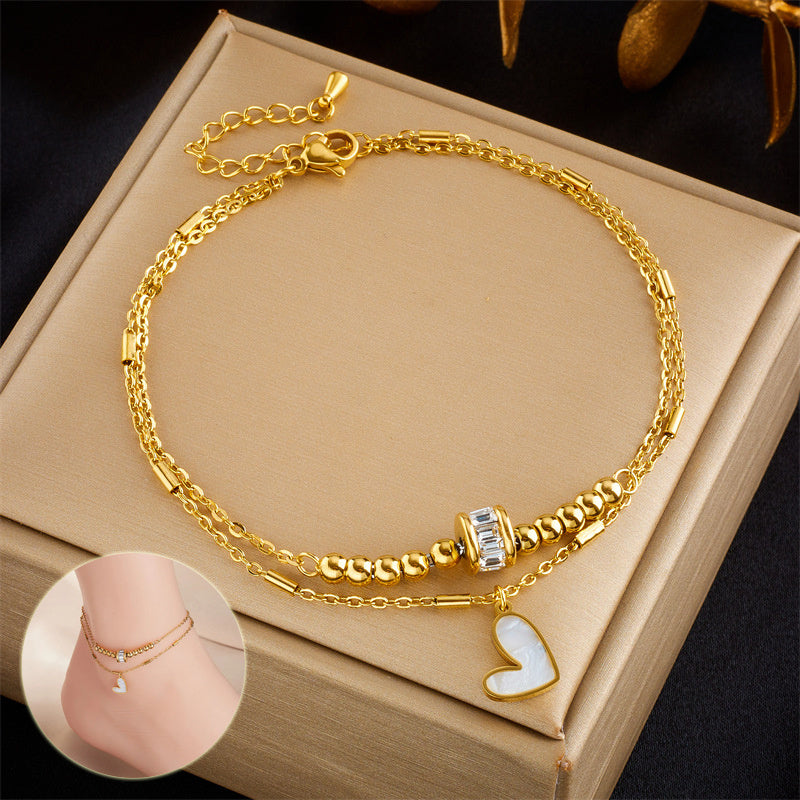 Boho Heart Anklet - Double Layer Gold Titanium Steel
