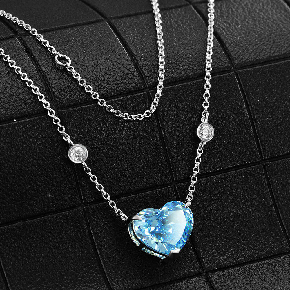 Ocean Blue Heart Zircon Necklace - 925 Sterling Silver