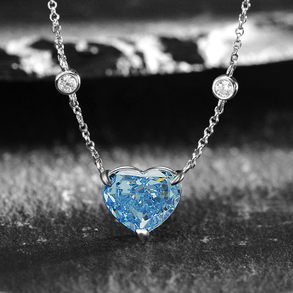 Ocean Blue Heart Zircon Necklace - 925 Sterling Silver