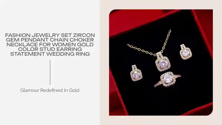 Fashion Jewelry Set Zircon Gem Pendant Chain Choker Necklace For Women Gold Color Stud Earring Statement Wedding Ring by@Outfy